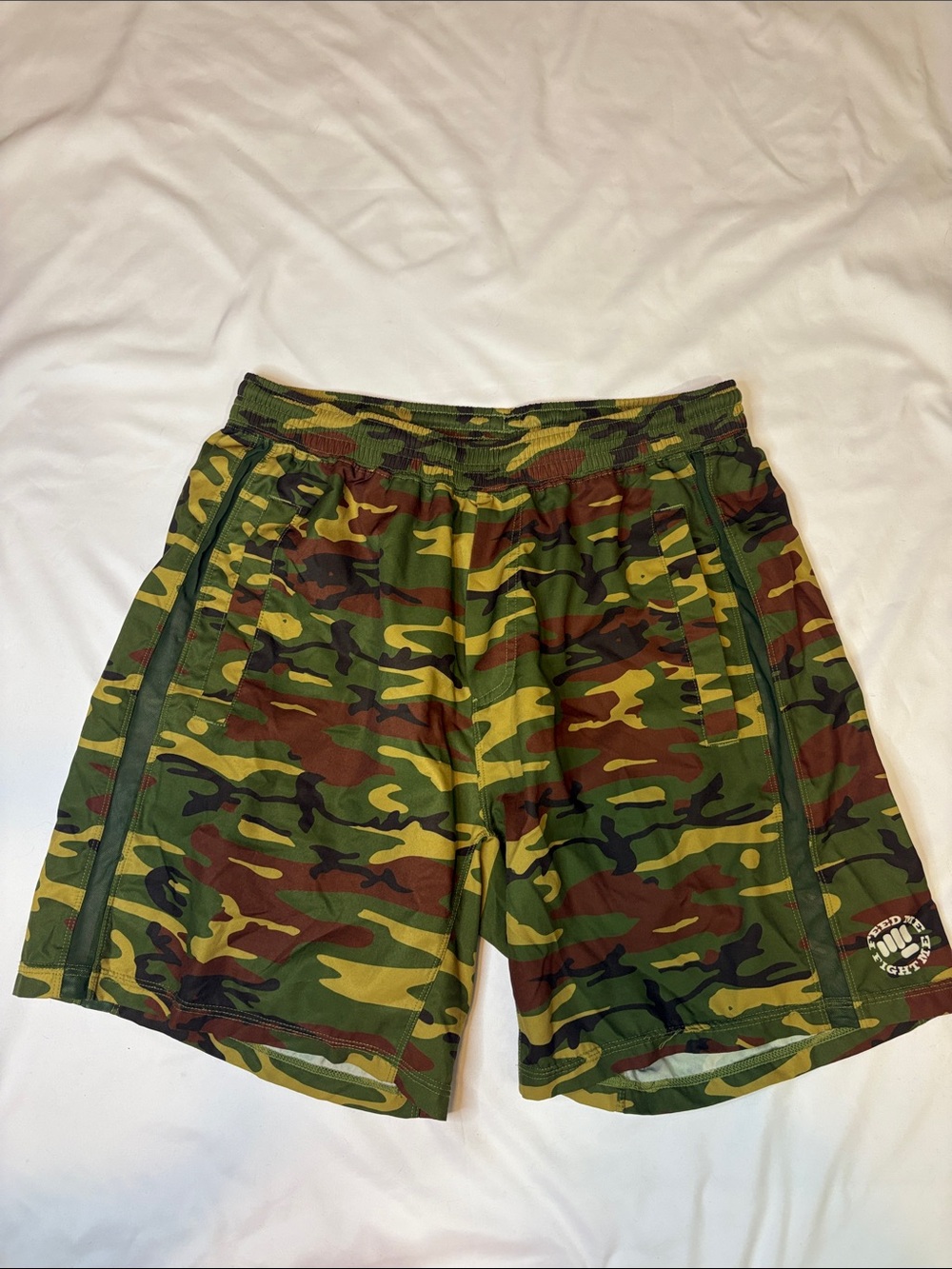 Feed Me Fight Me Men's Large Woodland Camo Workout Gym Mesh See Through Shorts